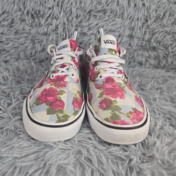 Vans Floral Rose Checkerboard Sneakers Women 9 Pink Blue Low Top Skate Shoes - Picture 4 of 9